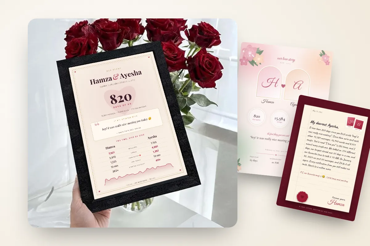 A set of ChatWrapper WhatsApp chat poster designs laid side by side, including Anniversary Edition and The Love Letter