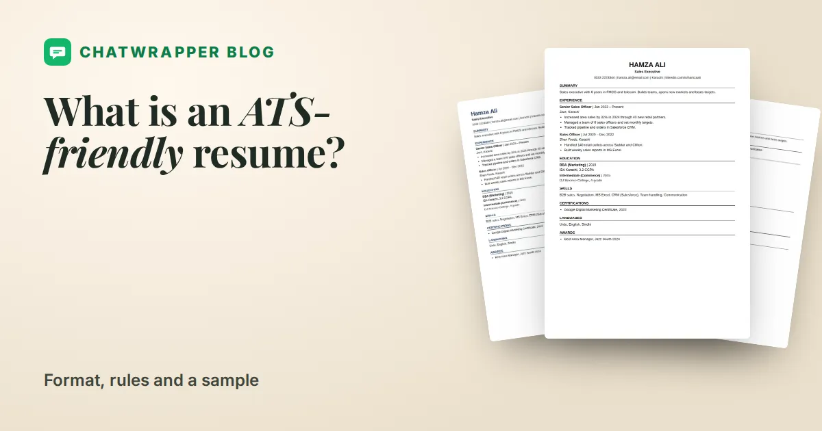 Three ChatWrapper ATS resume designs side by side: Classic Centered, Navy Headings and Skills First