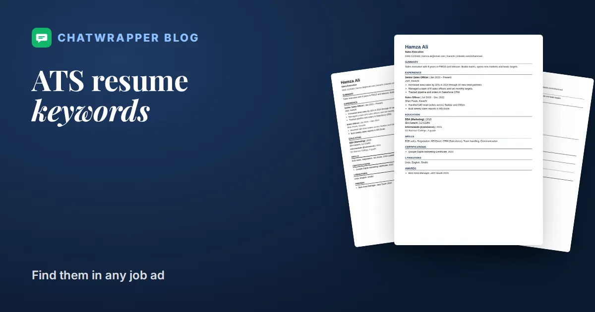 ChatWrapper ATS resume maker with a pasted job ad showing matched keywords in green and missing keywords in red