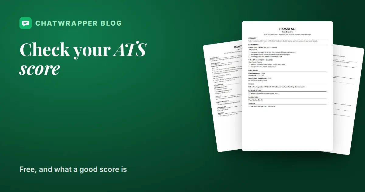 ChatWrapper ATS resume checker showing a score out of 100 with a list of passed and failed checks