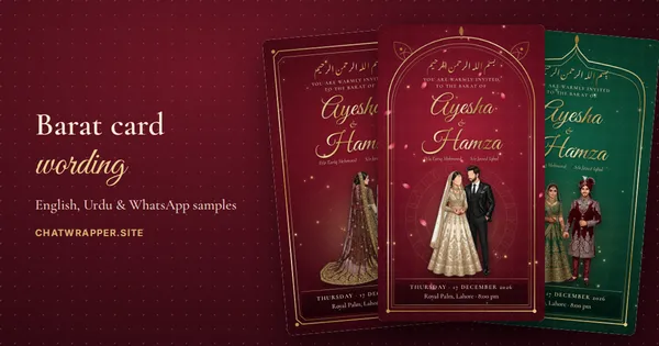 Three barat invitation cards in maroon, ruby and emerald with gold frames and illustrated couples