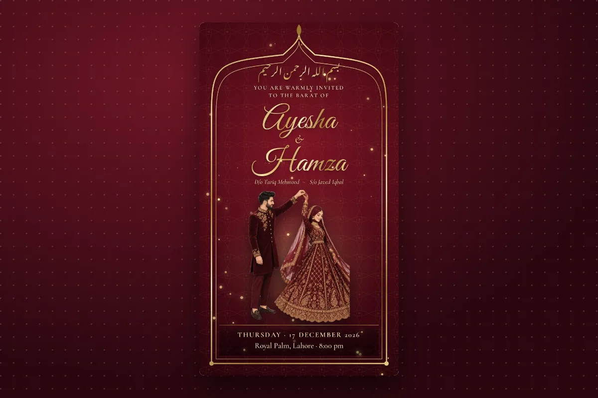 A maroon barat card in English with the couple's names in gold script, the date, time and banquet hall