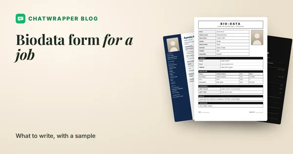 Three ChatWrapper biodata form designs side by side: Bio-Data Form, Navy Professional and Minimal