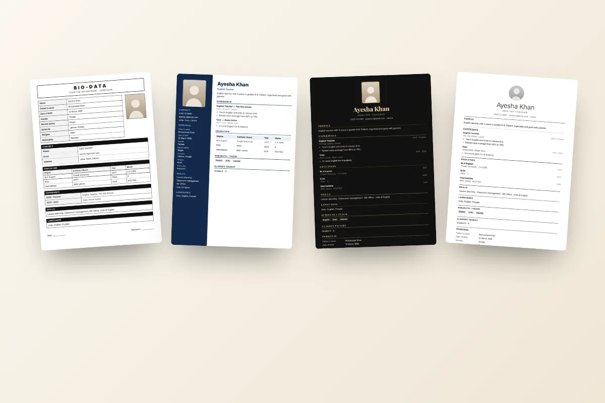 A ChatWrapper biodata form on a phone screen with the live preview showing personal details, education table and experience