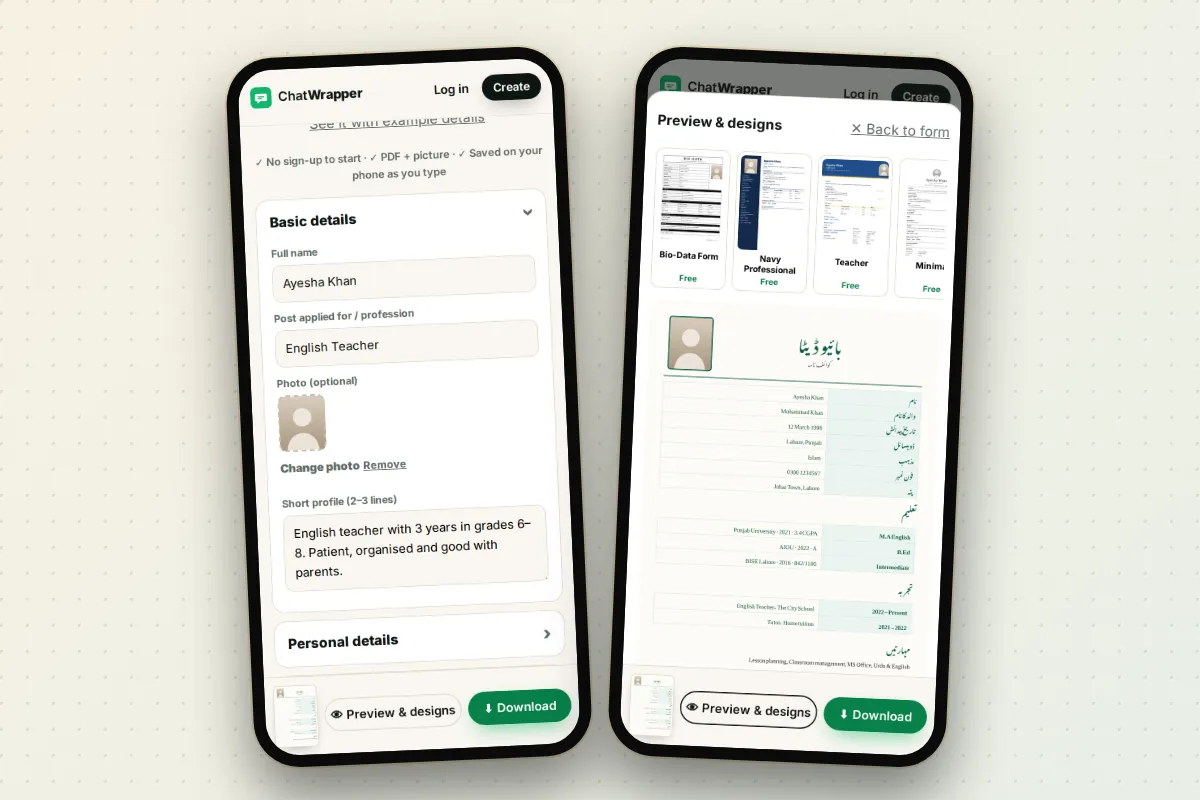 Making a biodata in Urdu on a phone with a live preview