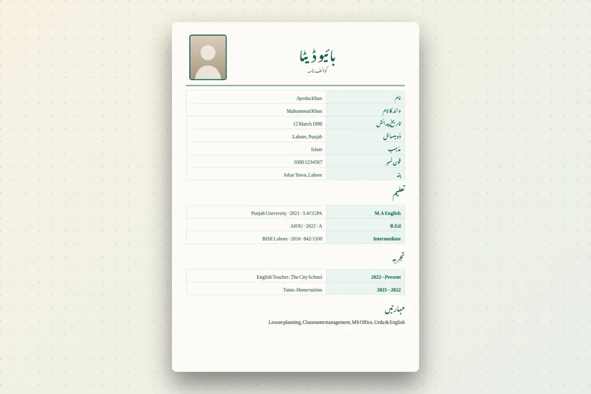 A biodata in Urdu with right-to-left labels for name, father's name, education and address