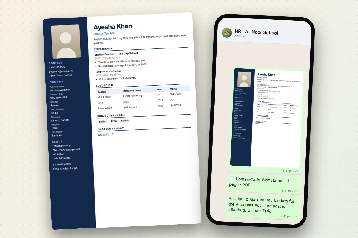 A biodata downloaded as a PDF and as a picture for WhatsApp