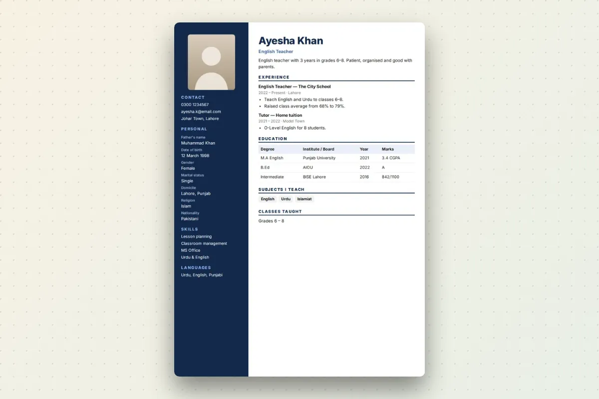 A job biodata with photo, father's name, CNIC, domicile and an education table