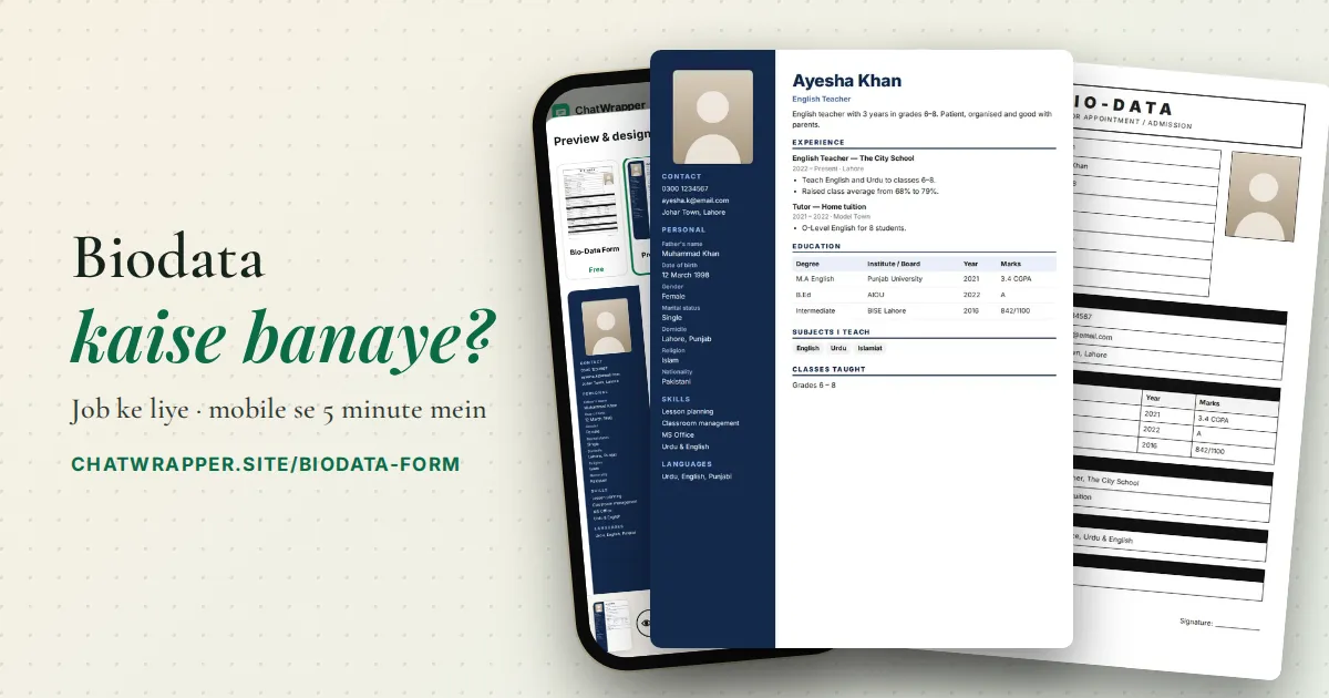 Biodata designs for jobs made on a phone with ChatWrapper