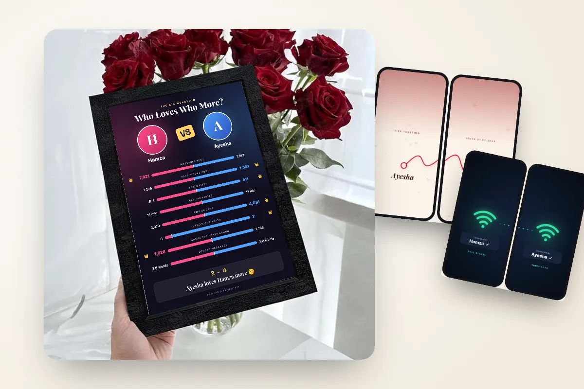 A set of ChatWrapper couple wallpapers, including Red String and Connected, shown on two phones placed side by side