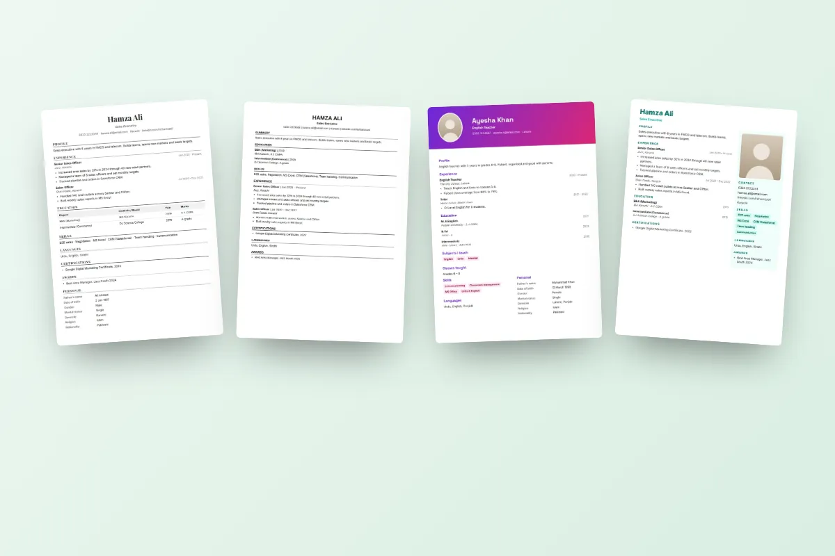 A row of ChatWrapper CV designs including Navy Sidebar, Green Header and Grey Boxed, filled in for a fresh graduate