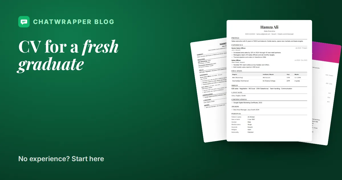 ChatWrapper CV designs for fresh graduates: Simple Classic and Teal Two-Column CVs next to the Fresh Graduate ATS resume