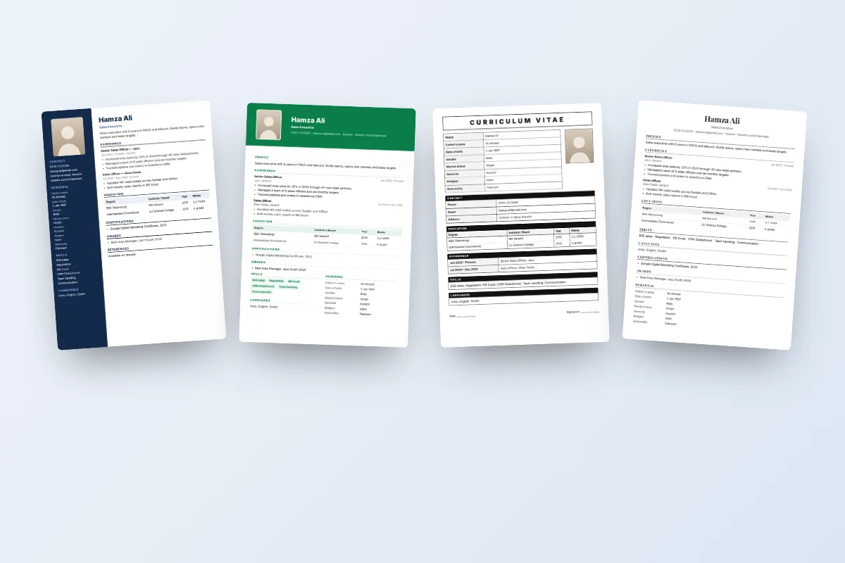 A set of ChatWrapper CV format designs including Green Header, Maroon Band, Teal Two-Column and Gold Executive