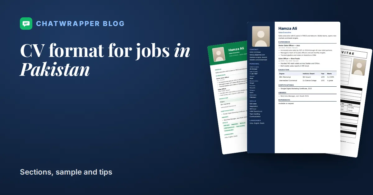 ChatWrapper CV designs for jobs in Pakistan: Navy Sidebar, Government CV and Simple Classic shown side by side
