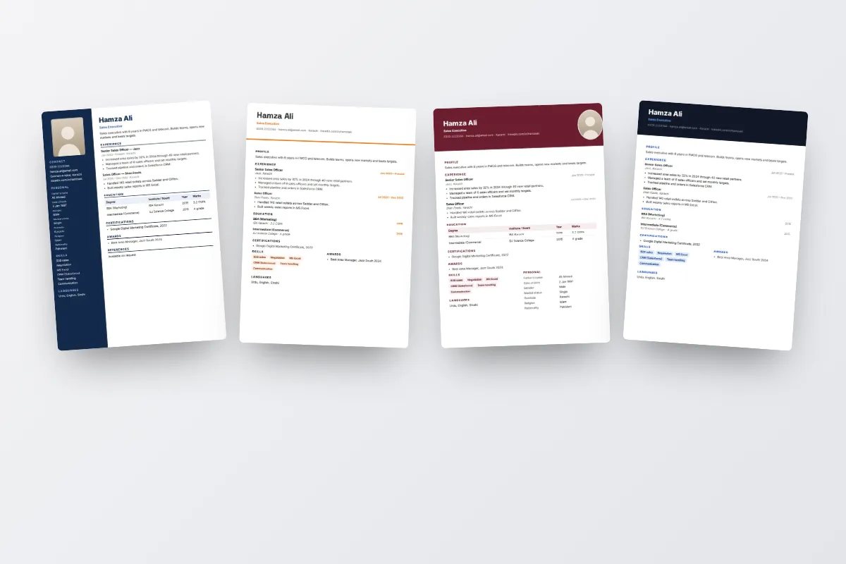 ChatWrapper resume designs side by side: Orange Line, Dark Header, Lilac Sidebar and Serif Elegant