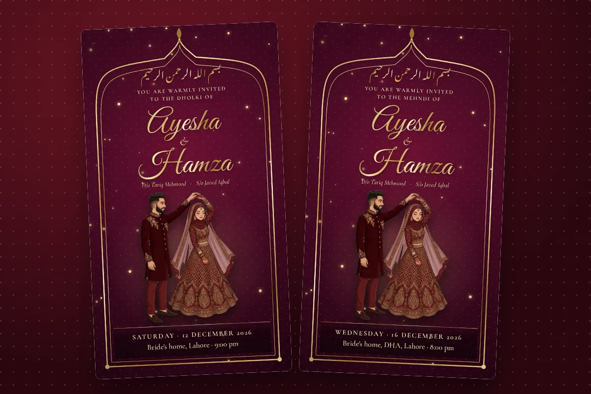 A dholki card and a mehndi card made in the same design as a matching pair