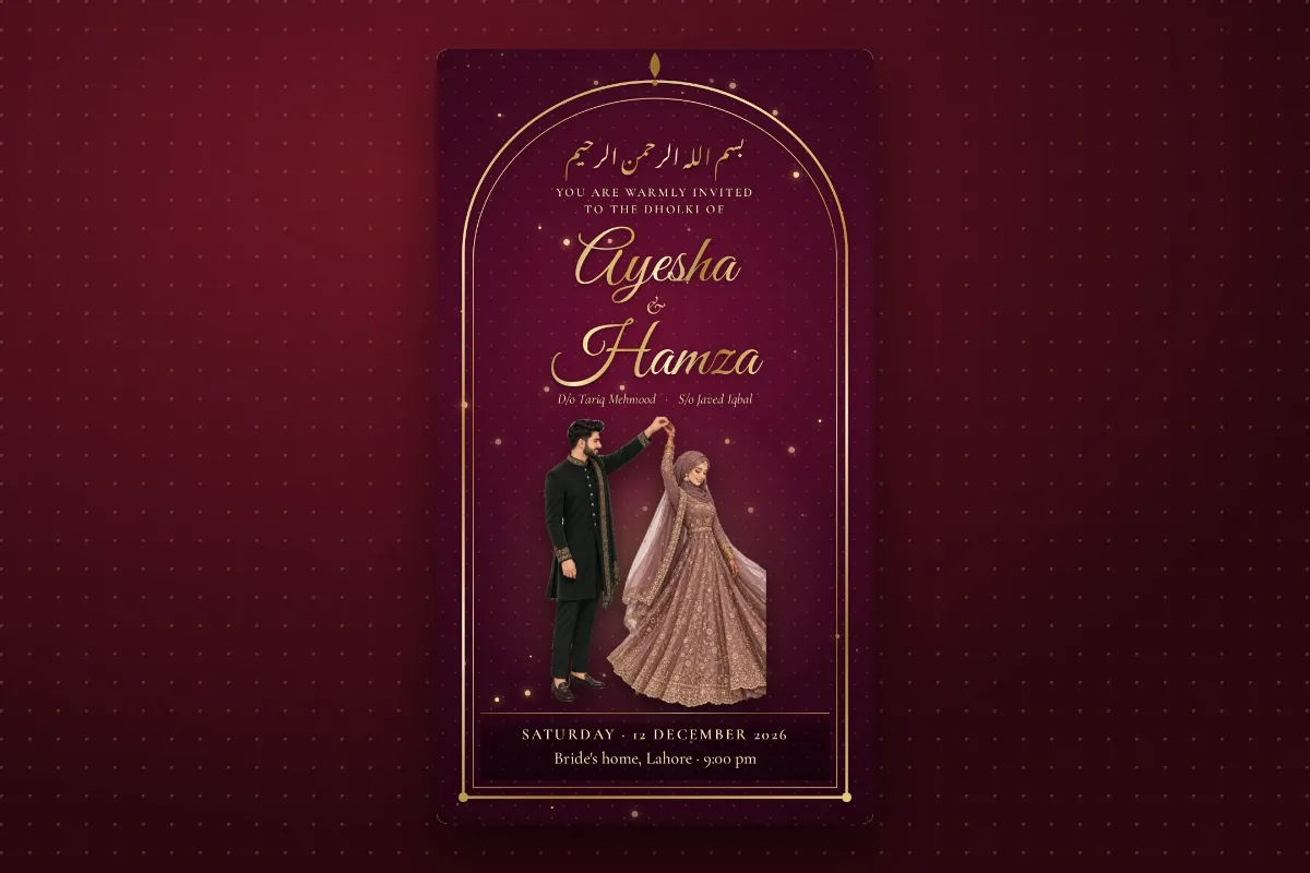 A wine-coloured dholki card in English with the bride's name, the date and the venue at home