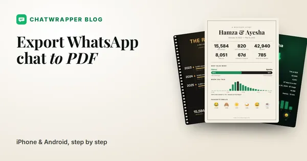 How to export WhatsApp chat to PDF: a printable ChatWrapper poster showing a couple's WhatsApp chat stats