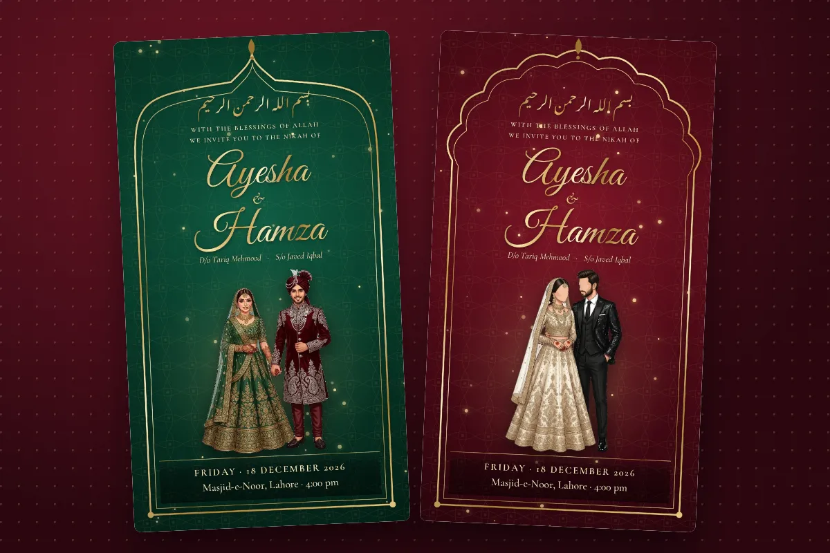 Nikah cards in emerald and maroon with the nikah date and venue