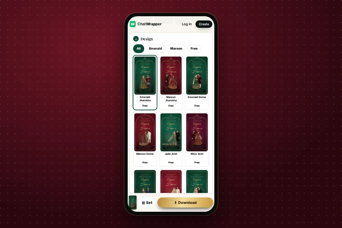 Choosing a nikah card design on a phone from emerald and maroon designs marked Free or Premium