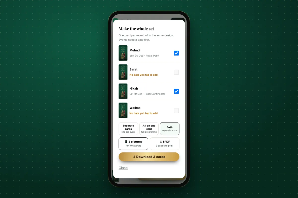 The whole set screen: ticking events and choosing separate cards, all on one card or both, as pictures or one PDF
