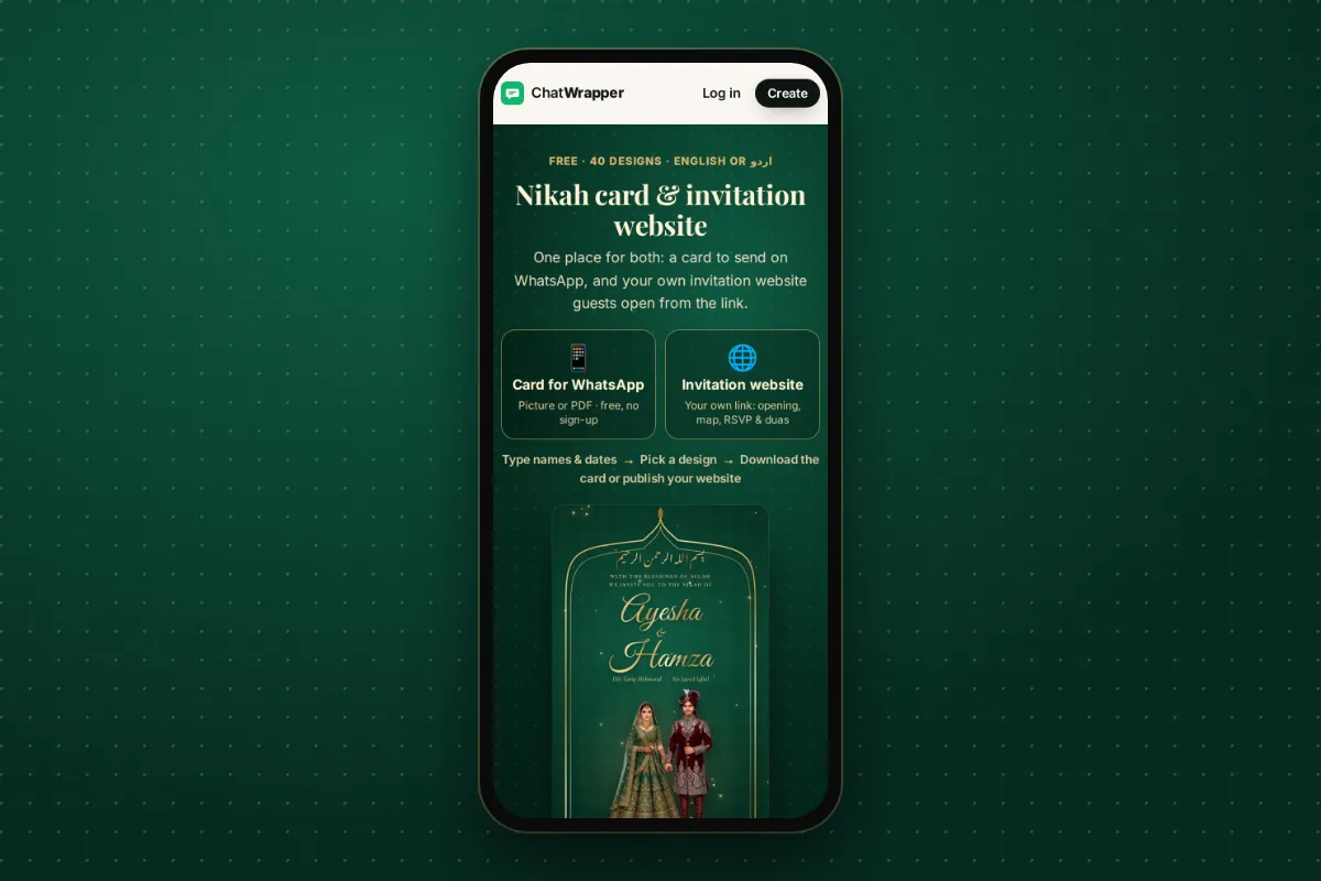 The nikah card maker on a phone: two choices at the top, a card for WhatsApp or an invitation website