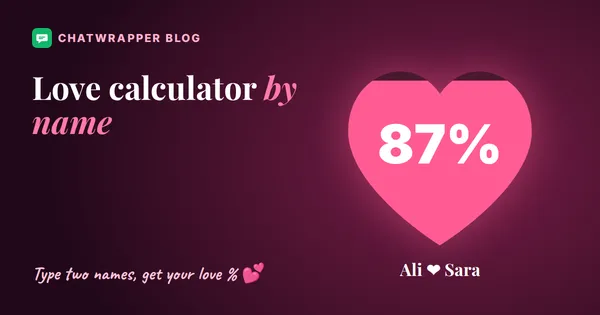 Love calculator by name: a pink heart filled to 87% with the names Ali and Sara