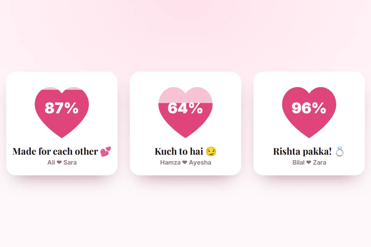The ChatWrapper love calculator on a phone: two name boxes, the reveal heart and the result with who loves more and who texts first