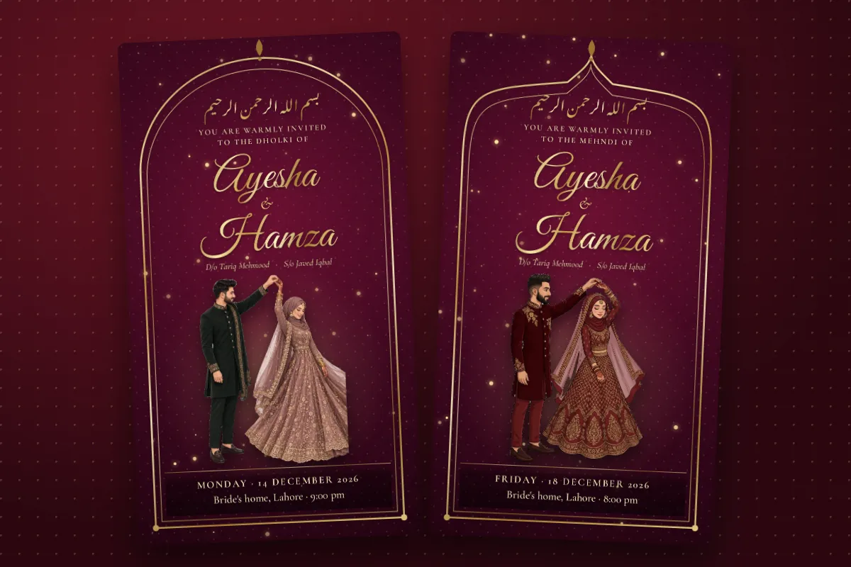 A wine-coloured dholki card and a mehndi card made in the same style as a matching set