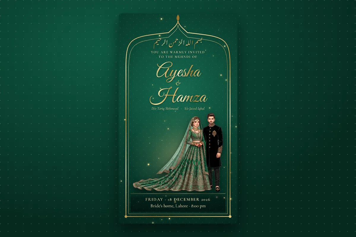 A jade mehndi card in English with the couple's names, the date and the bride's home as the venue