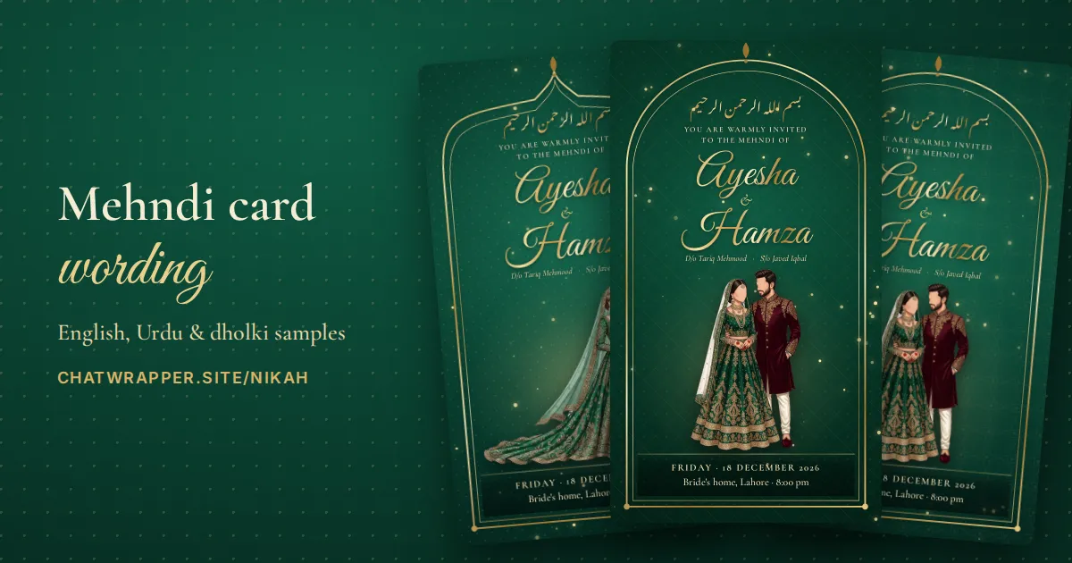 Mehndi invitation cards in jade and emerald with gold arches, ready to send on WhatsApp
