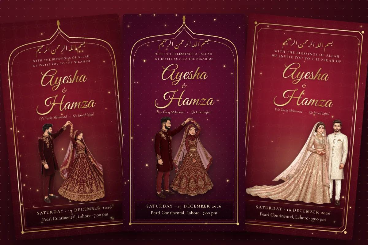 Three maroon nikah card designs in royal maroon, wine and ruby with gold frames