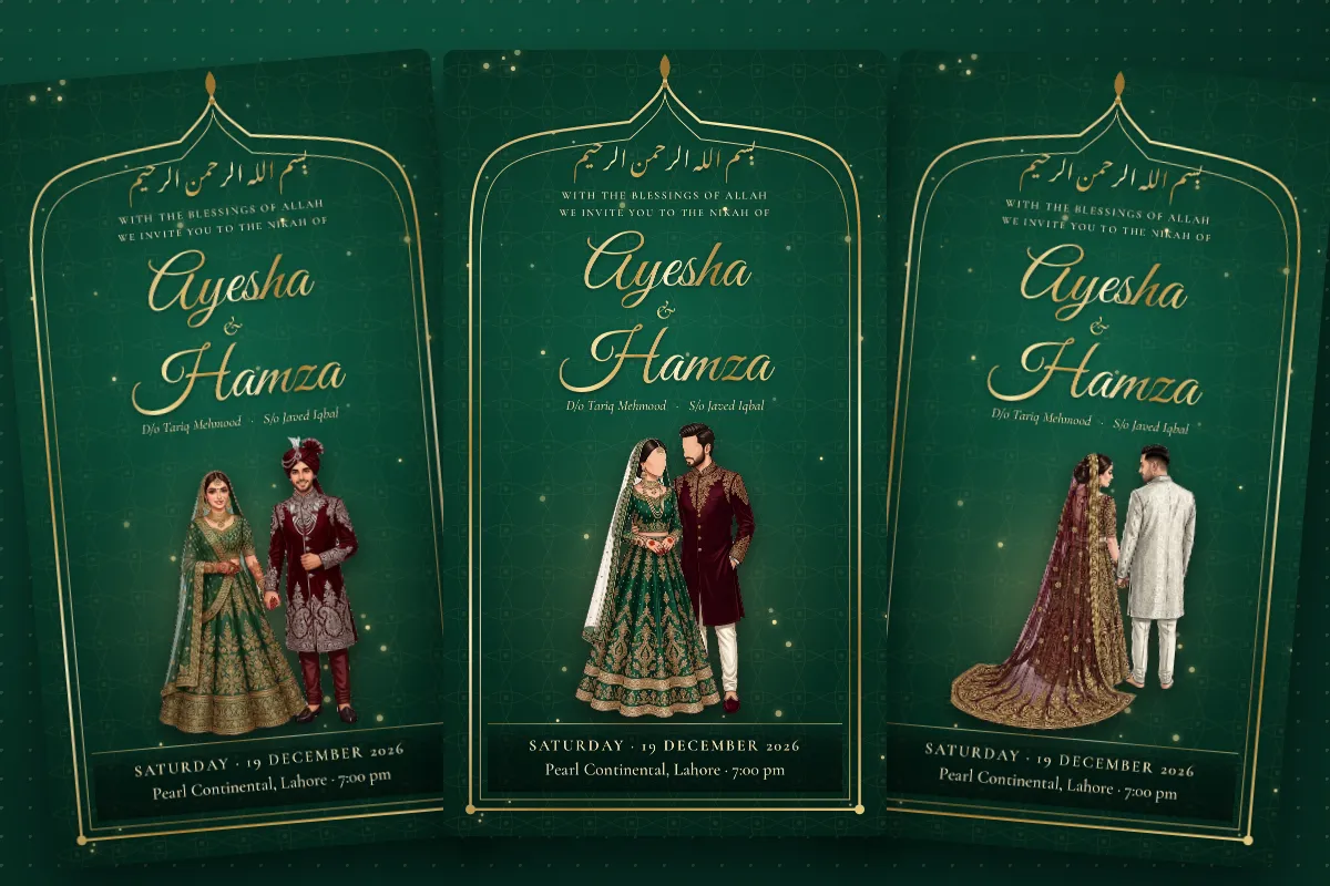 The same nikah card with three picture options: an illustrated couple, a faceless couple and a back-view couple