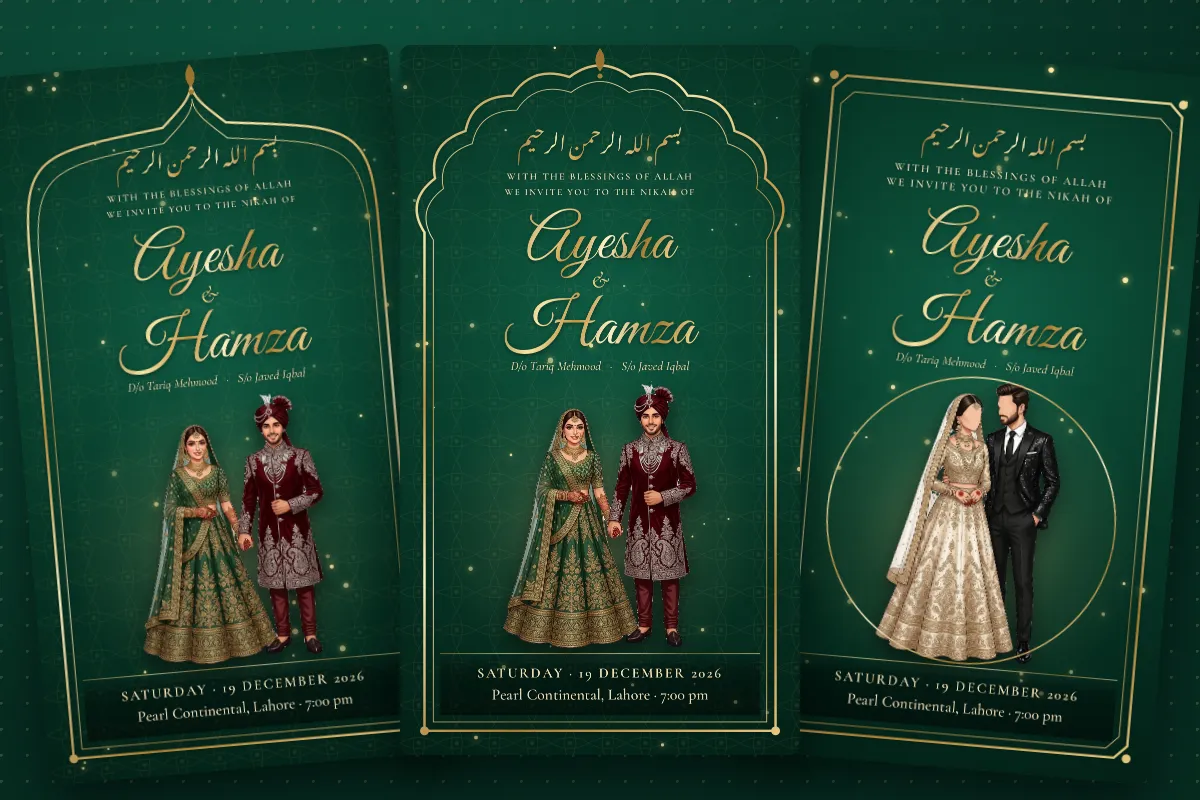 Three emerald nikah card designs: a jharokha arch, a scalloped mehrab arch and a gold medallion frame
