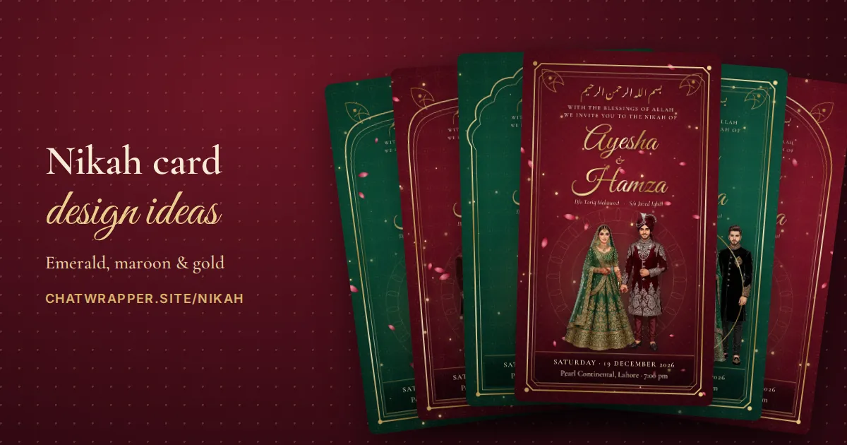 Six nikah card designs in emerald and royal maroon with gold Mughal arches and illustrated couples