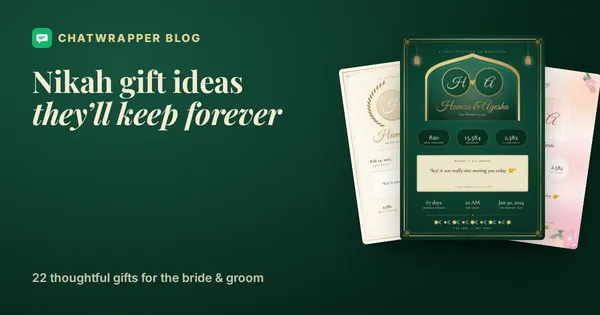 Nikah gift ideas: an Emerald Nikah WhatsApp chat poster in emerald and gold with a Mughal-arch window and the couple’s chat stats