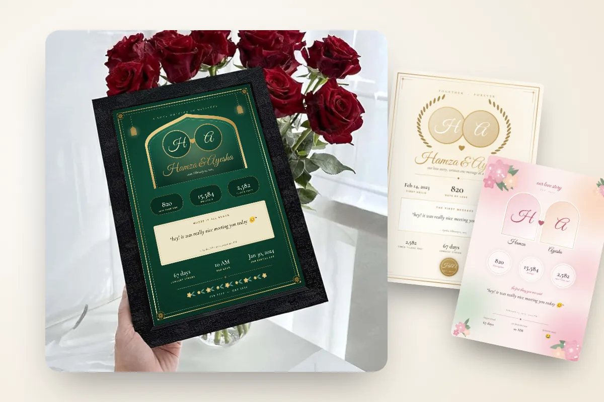 A framed WhatsApp chat poster held in a hand, ready to be given as a nikah gift