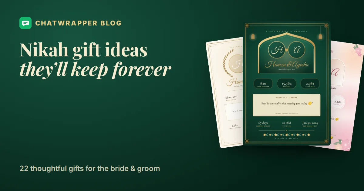 Nikah gift ideas: an Emerald Nikah WhatsApp chat poster in emerald and gold with a Mughal-arch window and the couple’s chat stats