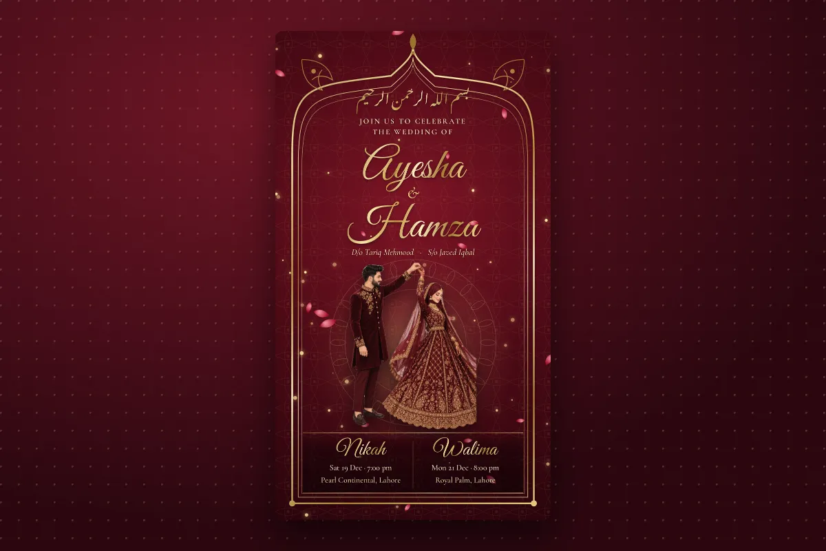 A royal maroon card with the nikah and the walima side by side, each with its own date, time and venue