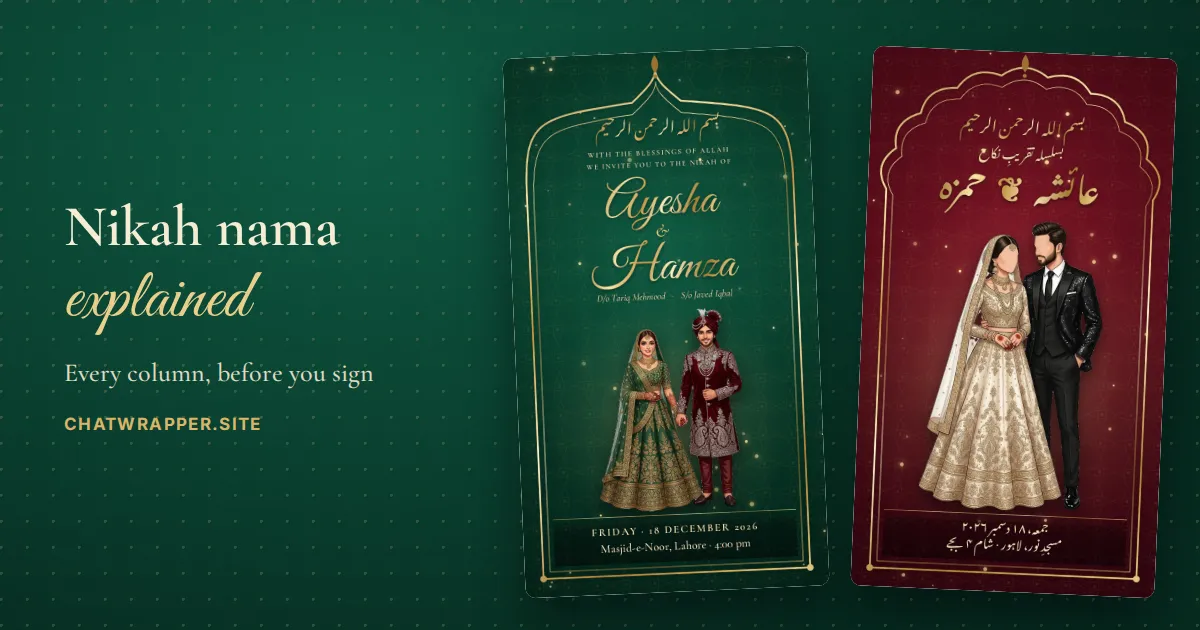 Nikah nama explained, with nikah cards in emerald and maroon in English and Urdu