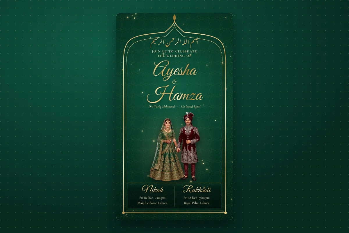 An emerald card with the nikah and the rukhsati side by side, each with its own time and venue