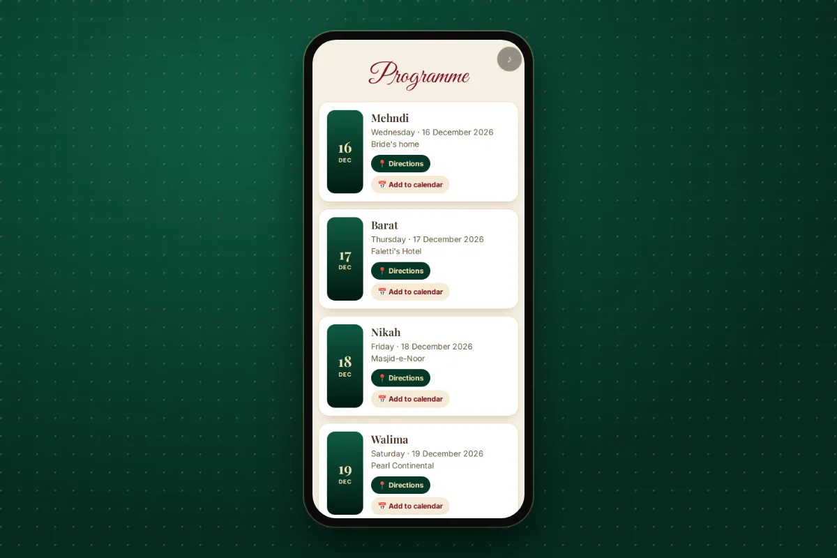 The programme on an invitation website with each event's date, venue, a Directions button and Add to calendar