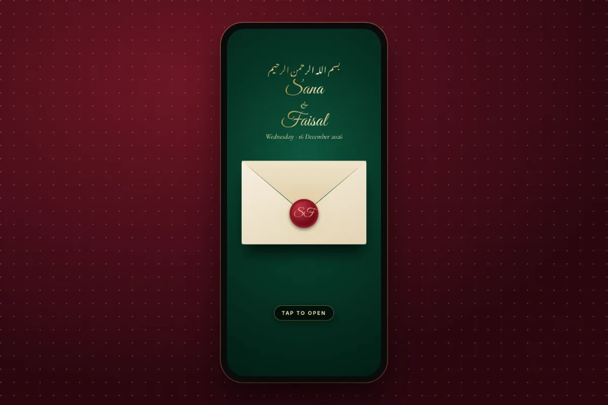 The opening scene of an invitation website: a cream envelope with a red wax seal that guests tap to open