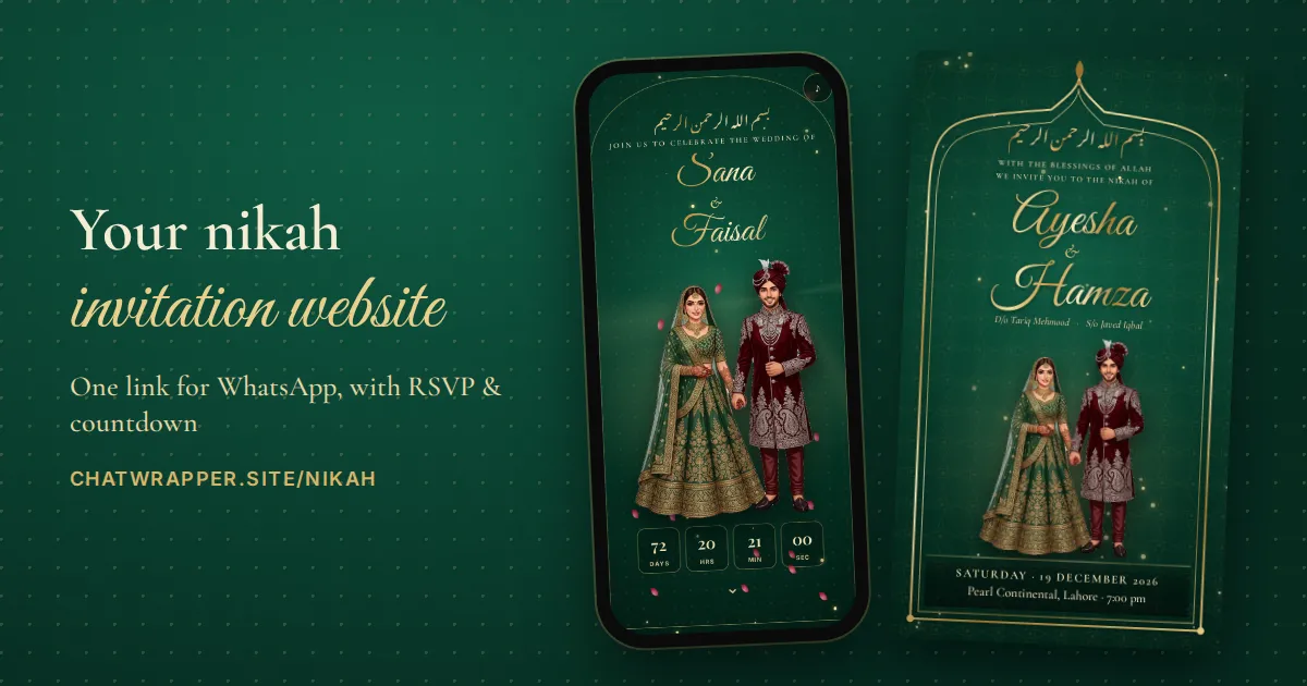 A phone showing a nikah invitation website with gold names, an illustrated couple and a countdown