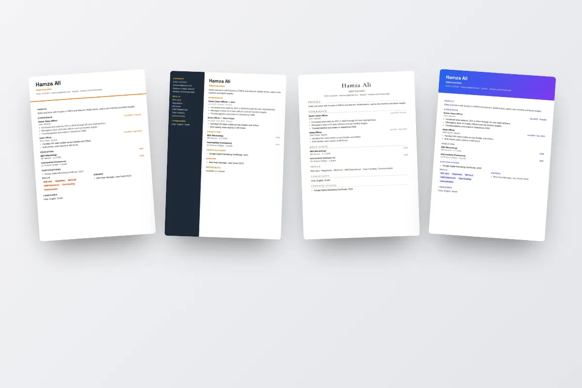 ChatWrapper one-page resume designs including Orange Line, Gradient Top, Split Two-Tone and Serif Elegant