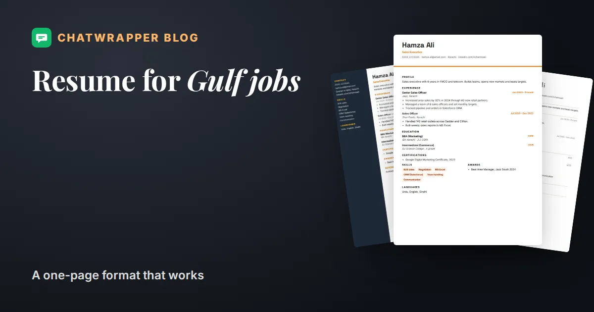 One-page ChatWrapper resume designs for Gulf and overseas jobs: Dark Header, Teal Timeline and Big Name Minimal