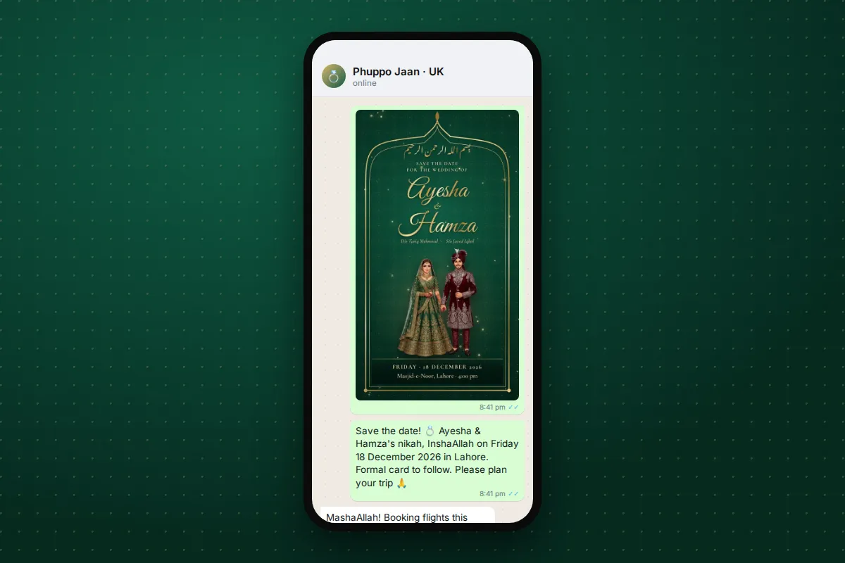 A save the date message on WhatsApp with the card picture