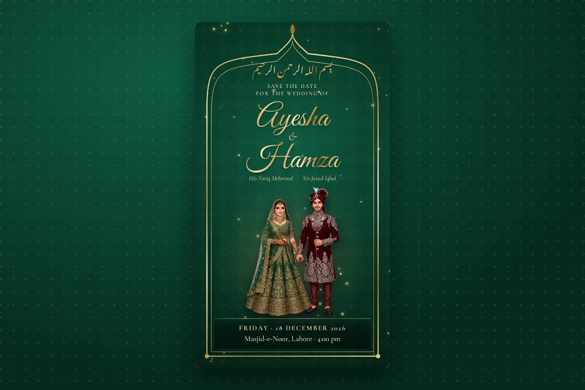 An emerald save the date card with the couple's names and the wedding date