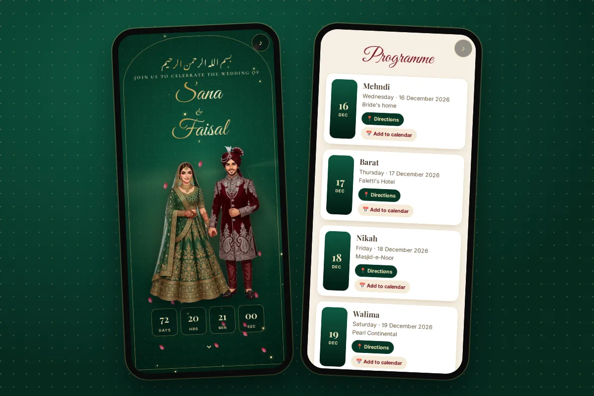An invitation website on a phone with the countdown and the programme for every event