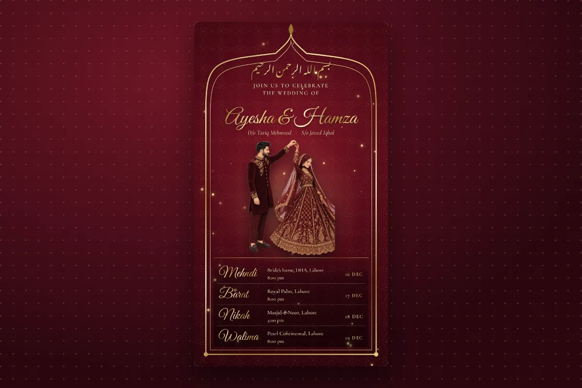 One card with all four events: mehndi, barat, nikah and walima, each with its date and venue